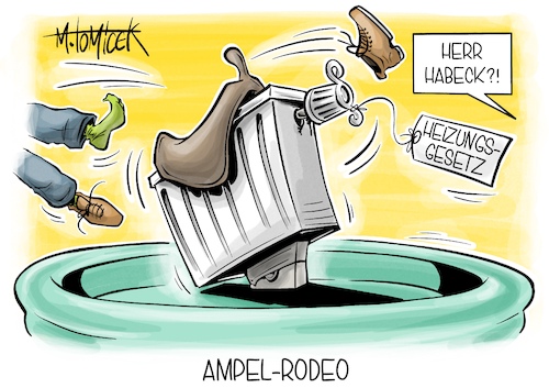 Cartoon: Ampel-Rodeo (medium) by Mirco Tomicek tagged robert,habeck,heizungsgesetz,heizung,gesetz,heizen,zeitplan,koalition,ampel,ampelkoalition,gebäudeenergiegesetzes,energie,energien,rodeo,karikatur,pressekarikatur,cartoon,mirco,tomicek,robert,habeck,heizungsgesetz,heizung,gesetz,heizen,zeitplan,koalition,ampel,ampelkoalition,gebäudeenergiegesetzes,energie,energien,rodeo,karikatur,pressekarikatur,cartoon,mirco,tomicek