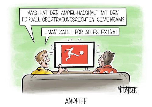 Cartoon: Anpfiff (medium) by Mirco Tomicek tagged fußball,bundesliga,fußballer,übertragungsrechte,übertragung,tv,fernsehen,fußballspiel,liga,fußballfan,fan,cartoon,karikatur,pressekarikatur,mirco,tomicek,fußball,bundesliga,fußballer,übertragungsrechte,übertragung,tv,fernsehen,fußballspiel,liga,fußballfan,fan,cartoon,karikatur,pressekarikatur,mirco,tomicek