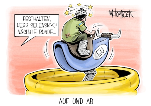 Cartoon: Auf und Ab (medium) by Mirco Tomicek tagged eu,kommission,verhandlungen,beitritt,beitrittsverhandlungen,ukraine,europa,beitrittsverhandlung,staaten,selenskyj,krieg,russland,karikatur,pressekarikatur,cartoon,mirco,tomicek,eu,kommission,verhandlungen,beitritt,beitrittsverhandlungen,ukraine,europa,beitrittsverhandlung,staaten,selenskyj,krieg,russland,karikatur,pressekarikatur,cartoon,mirco,tomicek