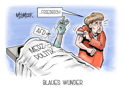 Cartoon: Blaues Wunder (medium) by Mirco Tomicek tagged angela,merkel,friedrich,merz,cdu,union,kritik,kritisiert,asyl,asylpolitik,migration,migrationspolitik,politik,afd,alternative,für,deutschland,karikatur,pressekarikatur,cartoon,mirco,tomicek,angela,merkel,friedrich,merz,cdu,union,kritik,kritisiert,asyl,asylpolitik,migration,migrationspolitik,politik,afd,alternative,für,deutschland,karikatur,pressekarikatur,cartoon,mirco,tomicek