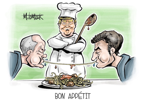 Cartoon: Bon Appetit (medium) by Mirco Tomicek tagged olaf,scholz,emmanuel,macron,paris,frankreich,amtseinführung,donald,trump,usa,amerika,us,präsident,wirtschaft,bundeskanzler,essen,karikatur,pressekarikatur,cartoon,mirco,tomicek,olaf,scholz,emmanuel,macron,paris,frankreich,amtseinführung,donald,trump,usa,amerika,us,präsident,wirtschaft,bundeskanzler,essen,karikatur,pressekarikatur,cartoon,mirco,tomicek