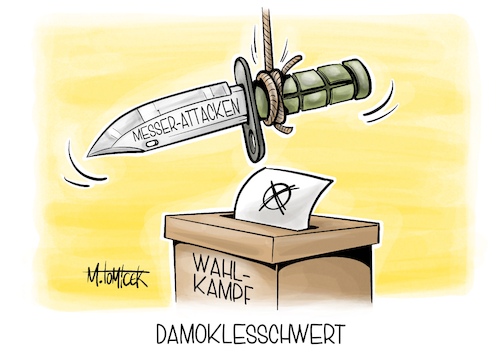 Cartoon: Damoklesschwert (medium) by Mirco Tomicek tagged messerangriff,messerattacke,messer,attacke,attacken,angrif,angriffe,aschaffenburg,politik,politische,verantwortung,wahlen,neuwahlen,neuwahl,wahl,bundestagswahl,bundestagswahlen,parteien,wahlkampf,damoklesschwert,karikatur,cartoon,pressekarikatur,mirco,tomicek,messerangriff,messerattacke,messer,attacke,attacken,angrif,angriffe,aschaffenburg,politik,politische,verantwortung,wahlen,neuwahlen,neuwahl,wahl,bundestagswahl,bundestagswahlen,parteien,wahlkampf,damoklesschwert,karikatur,cartoon,pressekarikatur,mirco,tomicek