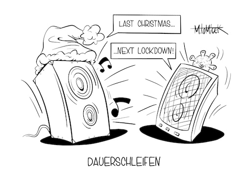 Cartoon: Dauerschleifen (medium) by Mirco Tomicek tagged teil,lockdown,teillockdown,januar,verlängert,verlängerung,nach,weihnachtszeit,neu,jahr,2021,shutdown,kontaktbeschränkung,kontaktbeschränkungen,beschränkungen,maßnahmen,maßnahme,kontakt,corona,covid19,angela,merkel,virus,viren,impfstoff,impfung,impfungen,last,christmas,weihnachten,weihnachtsferien,weihnacht,weihnachtslieder,lieder,musik,weihnachtsmusik,cartoon,karikatur,pressekarikatur,mirco,tomicek,teil,lockdown,teillockdown,januar,verlängert,verlängerung,nach,weihnachtszeit,neu,jahr,2021,shutdown,kontaktbeschränkung,kontaktbeschränkungen,beschränkungen,maßnahmen,maßnahme,kontakt,corona,covid19,angela,merkel,virus,viren,impfstoff,impfung,impfungen,last,christmas,weihnachten,weihnachtsferien,weihnacht,weihnachtslieder,lieder,musik,weihnachtsmusik,cartoon,karikatur,pressekarikatur,mirco,tomicek