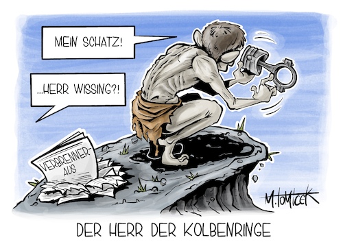 Cartoon: Der Herr der Kolbenringe (medium) by Mirco Tomicek tagged bundesverkehrsminister,verkehrsminister,volker,wissing,verbrenner,aus,autos,auto,verkehr,elektro,elektroautos,wasserstoff,autobahn,benzin,diesel,fahrzeuge,kfz,gollum,herr,der,ringe,karikatur,cartoon,pressekarikatur,mirco,tomicek,bundesverkehrsminister,verkehrsminister,volker,wissing,verbrenner,aus,autos,auto,verkehr,elektro,elektroautos,wasserstoff,autobahn,benzin,diesel,fahrzeuge,kfz,gollum,herr,der,ringe,karikatur,cartoon,pressekarikatur,mirco,tomicek