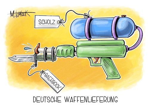 Cartoon: Deutsche Waffenlieferung (medium) by Mirco Tomicek tagged deutsche,waffenlieferung,waffen,lieferung,ukraine,krieg,russland,annalena,baerbock,die,grünen,olaf,scholz,spd,ampel,ampelkoalition,koalition,bundesregierung,cartoon,karikatur,pressekarikatur,mirco,tomicek,deutsche,waffenlieferung,waffen,lieferung,ukraine,krieg,russland,annalena,baerbock,die,grünen,olaf,scholz,spd,ampel,ampelkoalition,koalition,bundesregierung,cartoon,karikatur,pressekarikatur,mirco,tomicek