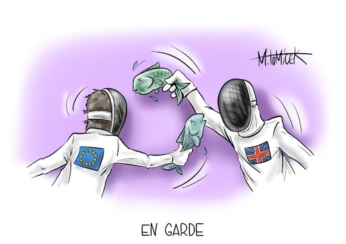 Cartoon: En Garde (medium) by Mirco Tomicek tagged eu,brexit,europa,exit,druck,verhandlungen,verhandlung,gb,great,britain,groß,britannien,schottland,brüssel,london,von,der,leyen,boris,johnson,fische,fischfang,fischgebiet,gebiet,frist,handel,handelsabkommen,handelskammer,binnenmarkt,eilverfahren,cartoon,karikatur,pressekarikatur,mirco,tomicek,eu,brexit,europa,exit,druck,verhandlungen,verhandlung,gb,great,britain,groß,britannien,schottland,brüssel,london,von,der,leyen,boris,johnson,fische,fischfang,fischgebiet,gebiet,frist,handel,handelsabkommen,handelskammer,binnenmarkt,eilverfahren,cartoon,karikatur,pressekarikatur,mirco,tomicek