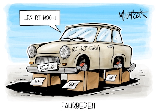 Cartoon: Fahrbereit (medium) by Mirco Tomicek tagged berlin,wahl,wahlen,wahlchaos,wiederholungswahl,wiederholung,gewählt,rot,grün,spd,cdu,linke,trabbi,trabant,karikatur,pressekarikatur,cartoon,mirco,tomicek,berlin,wahl,wahlen,wahlchaos,wiederholungswahl,wiederholung,gewählt,rot,grün,spd,cdu,linke,trabbi,trabant,karikatur,pressekarikatur,cartoon,mirco,tomicek