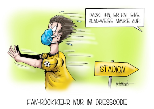 Cartoon: Fan-Rückkehr (medium) by Mirco Tomicek tagged fan,fans,rückkehr,dresscode,maske,maskenpflicht,mundschutz,bundesliga,liga,fußball,dfl,stadion,football,blau,weiß,gelb,derby,corona,covid19,sicherheit,test,spielen,sport,cartoon,karikatur,mirco,tomicek,fan,fans,rückkehr,dresscode,maske,maskenpflicht,mundschutz,bundesliga,liga,fußball,dfl,stadion,football,blau,weiß,gelb,derby,corona,covid19,sicherheit,test,spielen,sport,cartoon,karikatur,mirco,tomicek