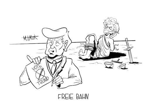 Cartoon: Freie Bahn (medium) by Mirco Tomicek tagged donald,trump,usa,wahl,us,präsident,president,wahlkampf,election,niederlage,wahlen,justizia,justiz,vote,amerika,politik,america,karikatur,cartoon,mirco,tomicek,donald,trump,usa,wahl,us,präsident,president,wahlkampf,election,niederlage,wahlen,justizia,justiz,vote,amerika,politik,america,karikatur,cartoon,mirco,tomicek