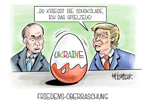 Cartoon: Friedens-Überraschung (medium) by Mirco Tomicek tagged ukraine,krieg,russland,frieden,friedensverhandlungen,waffenruhe,usa,donald,trump,kreml,wladimir,putin,telefonat,telefon,gespräch,kinder,überraschungsei,karikatur,pressekarikatur,cartoon,mirco,tomicek,ukraine,krieg,russland,frieden,friedensverhandlungen,waffenruhe,usa,donald,trump,kreml,wladimir,putin,telefonat,telefon,gespräch,kinder,überraschungsei,karikatur,pressekarikatur,cartoon,mirco,tomicek