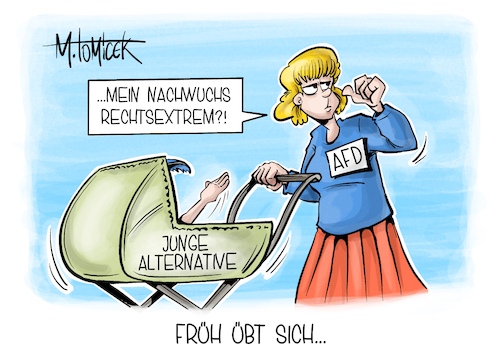 Cartoon: Früh übt sich (medium) by Mirco Tomicek tagged junge,alternative,ja,afd,deutschland,rechtsextrem,rechts,verfassungsschutz,verwaltungsgericht,gericht,klage,extrem,rechtsextremismus,politik,cartoon,karikatur,pressekarikatur,mirco,tomicek,junge,alternative,ja,afd,deutschland,rechtsextrem,rechts,verfassungsschutz,verwaltungsgericht,gericht,klage,extrem,rechtsextremismus,politik,cartoon,karikatur,pressekarikatur,mirco,tomicek