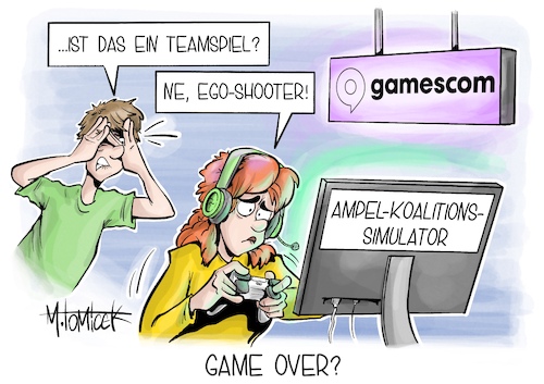 Cartoon: Game Over? (medium) by Mirco Tomicek tagged ampel,ampelkoalition,koalition,ampelstreit,streit,spd,grüne,fdp,streiten,regierung,köln,messe,gamescom,gaming,games,zocken,spiele,cartoon,karikatur,pressekarikatur,mirco,tomicek,ampel,ampelkoalition,koalition,ampelstreit,streit,spd,grüne,fdp,streiten,regierung,köln,messe,gamescom,gaming,games,zocken,spiele,cartoon,karikatur,pressekarikatur,mirco,tomicek