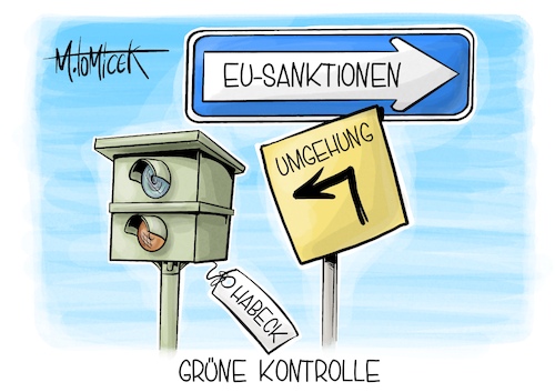 Cartoon: Grüne Kontrolle (medium) by Mirco Tomicek tagged eu,sanktionen,sanktion,lücken,umgehungen,umgehen,russland,russisch,grüne,wirtschaft,bundeswirtschaftsminister,robert,habeck,cartoon,karikatur,pressekarikatur,mirco,tomicek,eu,sanktionen,sanktion,lücken,umgehungen,umgehen,russland,russisch,grüne,wirtschaft,bundeswirtschaftsminister,robert,habeck,cartoon,karikatur,pressekarikatur,mirco,tomicek