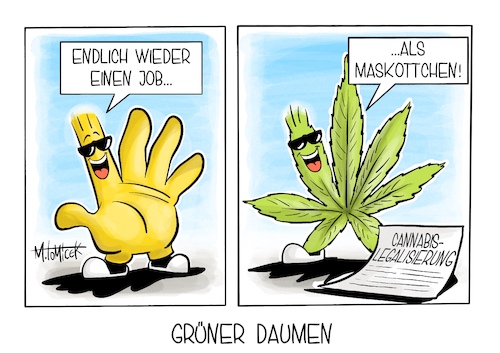 Cartoon: Grüner Daumen (medium) by Mirco Tomicek tagged cannabis,bundesrat,rat,cannabislegalisierung,legalisierung,legal,marihuana,hanf,kiffen,drogen,freigabe,april,lauterbach,rolf,maskottchen,karikatur,pressekarikatur,cartoon,mirco,tomicek,cannabis,bundesrat,rat,cannabislegalisierung,legalisierung,legal,marihuana,hanf,kiffen,drogen,freigabe,april,lauterbach,rolf,maskottchen,karikatur,pressekarikatur,cartoon,mirco,tomicek