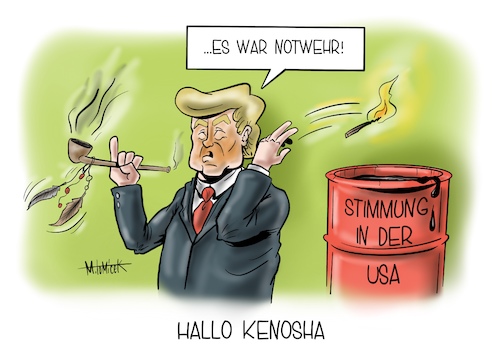 Cartoon: Hallo Kenosha (medium) by Mirco Tomicek tagged donald,trump,kenosha,todesschütze,wisconsin,besuchen,gouverneur,bürgermeister,gebeten,us,usa,amerika,präsident,president,protest,demonstration,kyle,demokraten,wahl,präsidentschaftswahl,wahlen,karikatur,cartoon,mirco,tomicek,donald,trump,kenosha,todesschütze,wisconsin,besuchen,gouverneur,bürgermeister,gebeten,us,usa,amerika,präsident,president,protest,demonstration,kyle,demokraten,wahl,präsidentschaftswahl,wahlen,karikatur,cartoon,mirco,tomicek