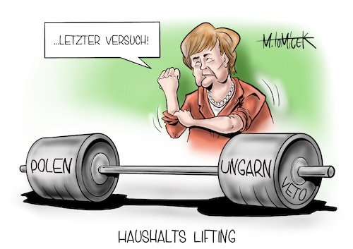 Cartoon: Haushalts Lifting (medium) by Mirco Tomicek tagged polen,ungarn,eu,gipfel,europa,erfolg,turbulentem,jahr,corona,covid19,hilfspaket,paket,coronapaket,finanzpaket,finanzen,hilfen,coronahilfe,haushalt,coronahaushalt,angela,merkel,klima,klimaziele,ratspräsidentschaft,präsidentschaft,gewicht,gewichtheben,lifting,veto,haus,halt,geld,rat,cartoon,karikatur,pressekarikatur,mirco,tomicek,polen,ungarn,eu,gipfel,europa,erfolg,turbulentem,jahr,corona,covid19,hilfspaket,paket,coronapaket,finanzpaket,finanzen,hilfen,coronahilfe,haushalt,coronahaushalt,angela,merkel,klima,klimaziele,ratspräsidentschaft,präsidentschaft,gewicht,gewichtheben,lifting,veto,haus,halt,geld,rat,cartoon,karikatur,pressekarikatur,mirco,tomicek