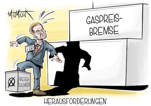 Cartoon: Herausforderungen (medium) by Mirco Tomicek tagged gaspreisbremse,gaspreise,gas,preise,preisbremse,bremse,zwei,stufen,dezember,abschlagszahlung,bund,heizen,heizung,heizkosten,energiekosten,niedersachsen,wahl,landtag,christian,lindner,fdp,rot,grün,gewählt,karikatur,pressekarikatur,cartoon,mirco,tomicek,gaspreisbremse,gaspreise,gas,preise,preisbremse,bremse,zwei,stufen,dezember,abschlagszahlung,bund,heizen,heizung,heizkosten,energiekosten,niedersachsen,wahl,landtag,christian,lindner,fdp,rot,grün,gewählt,karikatur,pressekarikatur,cartoon,mirco,tomicek