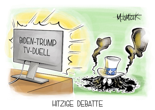 Cartoon: Hitzige Debatte (medium) by Mirco Tomicek tagged donald,trump,joe,biden,tv,duell,fernsehen,fernseh,debatte,usa,us,amerika,präsident,präsidentschaftswahl,wahl,wahlen,gewählt,hitze,hitzewelle,sommer,sonne,heiß,wetter,cartoon,karikatur,pressekarikatur,mirco,tomicek,donald,trump,joe,biden,tv,duell,fernsehen,fernseh,debatte,usa,us,amerika,präsident,präsidentschaftswahl,wahl,wahlen,gewählt,hitze,hitzewelle,sommer,sonne,heiß,wetter,cartoon,karikatur,pressekarikatur,mirco,tomicek