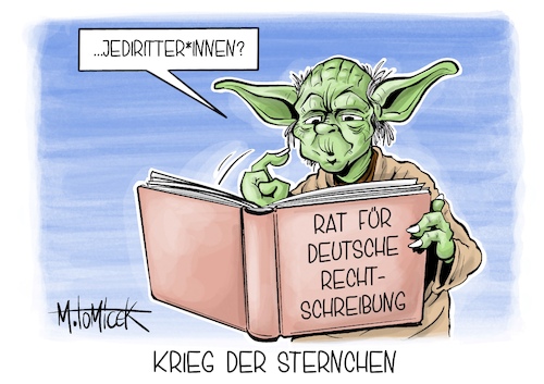 Cartoon: Krieg der Sternchen (medium) by Mirco Tomicek tagged gender,genderstrenchen,gendergerecht,gendern,rat,für,deutsche,rechtschreibung,empfehlung,sprache,deutschland,star,wars,yoda,jedi,jediritter,jediritterin,cartoon,karikatur,pressekarikatur,mirco,tomicek,gender,genderstrenchen,gendergerecht,gendern,rat,für,deutsche,rechtschreibung,empfehlung,sprache,deutschland,star,wars,yoda,jedi,jediritter,jediritterin,cartoon,karikatur,pressekarikatur,mirco,tomicek