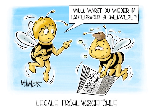 Cartoon: Legale Frühlingsgefühle (medium) by Mirco Tomicek tagged cannabis,legalisierung,legalisieren,legal,hanf,thc,kiffen,joint,lauterbach,bundesrat,zustimmung,frühling,biene,maja,willi,cartoon,karikatur,pressekarikatur,mirco,tomicek,cannabis,legalisierung,legalisieren,legal,hanf,thc,kiffen,joint,lauterbach,bundesrat,zustimmung,frühling,biene,maja,willi,cartoon,karikatur,pressekarikatur,mirco,tomicek