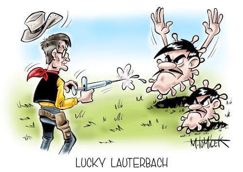 Cartoon: Lucky Lauterbach (medium) by Mirco Tomicek tagged bund,länder,beratung,corona,gipfel,omikron,ausbreitung,inzidenz,infektion,variante,ruf,nach,kontaktbeschränkungen,kontakte,kontaktbeschränkung,verschärfung,verschärfungen,impfen,impfe,impfstoffe,impfstoff,geimpft,viren,virus,gesundheitsminister,karl,lauterbach,lucky,luke,cartoon,karikatur,pressekarikatur,mirco,tomicek,bund,länder,beratung,corona,gipfel,omikron,ausbreitung,inzidenz,infektion,variante,ruf,nach,kontaktbeschränkungen,kontakte,kontaktbeschränkung,verschärfung,verschärfungen,impfen,impfe,impfstoffe,impfstoff,geimpft,viren,virus,gesundheitsminister,karl,lauterbach,lucky,luke,cartoon,karikatur,pressekarikatur,mirco,tomicek