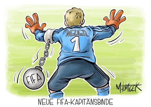 Cartoon: Neue FIFA-Kapitänsbinde (medium) by Mirco Tomicek tagged fifa,fußball,wm,weltmeisterschaft,katar,quatar,manuel,neuer,kapitän,kapitänsbinde,binde,one,love,dfb,deutschland,deutsche,fußballmannschaft,mannschaft,gleichberechtigung,meinungsfreiheit,tor,cartoon,karikatur,pressekarikatur,mirco,tomicek,fifa,fußball,wm,weltmeisterschaft,katar,quatar,manuel,neuer,kapitän,kapitänsbinde,binde,one,love,dfb,deutschland,deutsche,fußballmannschaft,mannschaft,gleichberechtigung,meinungsfreiheit,tor,cartoon,karikatur,pressekarikatur,mirco,tomicek