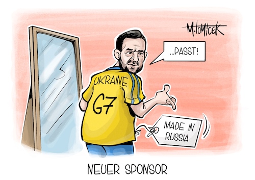 Cartoon: Neuer Sponsor (medium) by Mirco Tomicek tagged g7,italien,staaten,ukraine,hilfe,selenskyj,krieg,ukrainekrieg,russland,vermögen,geld,finanzen,kredit,em,fußball,trikot,karikatur,pressekarikatur,cartoon,mirco,tomicek,g7,italien,staaten,ukraine,hilfe,selenskyj,krieg,ukrainekrieg,russland,vermögen,geld,finanzen,kredit,em,fußball,trikot,karikatur,pressekarikatur,cartoon,mirco,tomicek