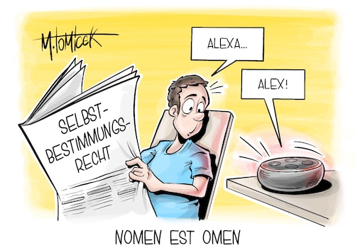 Cartoon: Nomen est omen (medium) by Mirco Tomicek tagged bundeskabinett,selbstbestimmungsgesetz,selbstbestimmungsrecht,gesetz,gesetze,recht,rechte,namen,nachnamen,geschlechtseintrag,geschlecht,alexa,ki,amazon,echo,karikatur,pressekarikatur,cartoon,mirco,tomicek,bundeskabinett,selbstbestimmungsgesetz,selbstbestimmungsrecht,gesetz,gesetze,recht,rechte,namen,nachnamen,geschlechtseintrag,geschlecht,alexa,ki,amazon,echo,karikatur,pressekarikatur,cartoon,mirco,tomicek