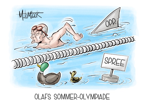 Cartoon: Olafs Sommer-Olympiade (medium) by Mirco Tomicek tagged olaf,scholz,sommer,pressekonferenz,presse,frage,antwort,konferenz,berlin,spree,olympia,schwimmen,olympiade,eröffnung,opposition,cartoon,karikatur,pressekarikatur,mirco,tomicek,olaf,scholz,sommer,pressekonferenz,presse,frage,antwort,konferenz,berlin,spree,olympia,schwimmen,olympiade,eröffnung,opposition,cartoon,karikatur,pressekarikatur,mirco,tomicek