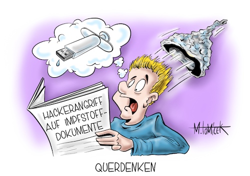 Cartoon: Querdenken (medium) by Mirco Tomicek tagged hackerangriff,angriff,hack,hacker,impfstoff,impfungen,impfstoffe,dokumente,dokument,computer,digital,daten,usb,stick,hacking,biontech,pfizer,diebstahl,europäische,arzneimittelbehörde,ema,impfstoffdokumente,cyberangriffs,cyberangriff,cyber,alu,aluhüte,hüte,aluhelm,helm,helme,quer,querdenker,querdenken,verfassungsschutz,verfassung,versammlung,demo,demonstrieren,cartoon,karikatur,pressekarikatur,mirco,tomicek,hackerangriff,angriff,hack,hacker,impfstoff,impfungen,impfstoffe,dokumente,dokument,computer,digital,daten,usb,stick,hacking,biontech,pfizer,diebstahl,europäische,arzneimittelbehörde,ema,impfstoffdokumente,cyberangriffs,cyberangriff,cyber,alu,aluhüte,hüte,aluhelm,helm,helme,quer,querdenker,querdenken,verfassungsschutz,verfassung,versammlung,demo,demonstrieren,cartoon,karikatur,pressekarikatur,mirco,tomicek