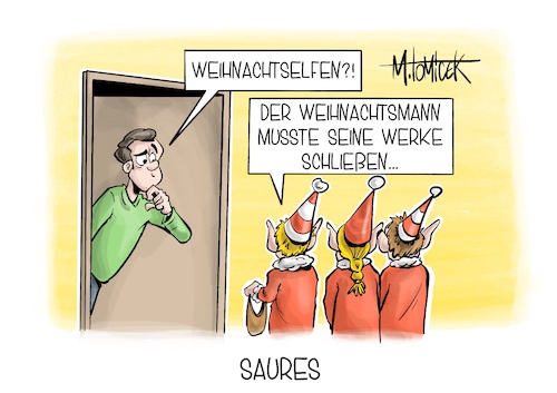 Cartoon: Saures (medium) by Mirco Tomicek tagged ig,metall,vw,volkswagen,tarifverhandlungen,tarif,tarife,tarifrunden,tarifrunde,tarifforderungen,auto,arbeit,wirtschaft,industrie,halloween,süßes,oder,saures,weihnachten,weihnachtselfen,werke,karikatur,pressekarikatur,cartoon,mirco,tomicek,ig,metall,vw,volkswagen,tarifverhandlungen,tarif,tarife,tarifrunden,tarifrunde,tarifforderungen,auto,arbeit,wirtschaft,industrie,halloween,süßes,oder,saures,weihnachten,weihnachtselfen,werke,karikatur,pressekarikatur,cartoon,mirco,tomicek