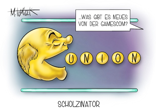 Cartoon: Scholzinator (medium) by Mirco Tomicek tagged olaf,scholz,forsa,umfrage,umfragewerte,umfragen,überholen,überholt,armin,laschet,spd,union,cdu,csu,koalition,koalitionsoptionen,kanzlerfrage,kanzlerkandidat,kanzlerkandidatur,bundestagswahl,bundestagswahlkampf,wahlkampf,wahlen,wähler,gamescom,game,games,köln,online,web,gaming,spiele,at,home,2021,computerspiele,eröffnung,show,eröffnungsshow,karikatur,cartoon,pressekarikatur,mirco,tomicek,olaf,scholz,forsa,umfrage,umfragewerte,umfragen,überholen,überholt,armin,laschet,spd,union,cdu,csu,koalition,koalitionsoptionen,kanzlerfrage,kanzlerkandidat,kanzlerkandidatur,bundestagswahl,bundestagswahlkampf,wahlkampf,wahlen,wähler,gamescom,game,games,köln,online,web,gaming,spiele,at,home,2021,computerspiele,eröffnung,show,eröffnungsshow,karikatur,cartoon,pressekarikatur,mirco,tomicek