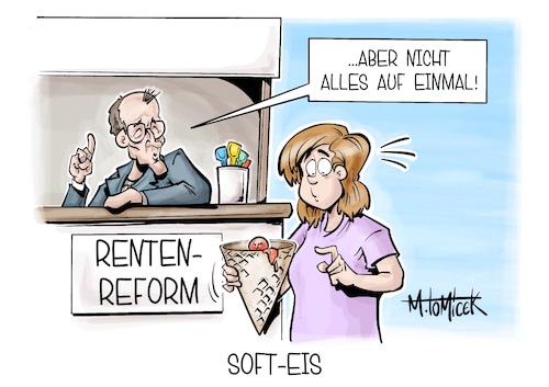 Cartoon: Soft-Eis (medium) by Mirco Tomicek tagged rente,renten,rentenexperten,rentenreform,reformen,friedrich,merz,koalition,regierung,karikatur,cartoon,pressekarikatur,mirco,tomicek,rente,renten,rentenexperten,rentenreform,reformen,friedrich,merz,koalition,regierung,karikatur,cartoon,pressekarikatur,mirco,tomicek