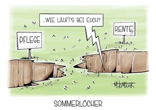Cartoon: Sommerlöcher (medium) by Mirco Tomicek tagged pflege,pflegereform,rente,rentenreform,renten,kritik,pläne,reformpläne,sommerloch,nina,warken,ministerin,cdu,csu,spd,koalition,regierung,karikatur,cartoon,pressekarikatur,mirco,tomicek,pflege,pflegereform,rente,rentenreform,renten,kritik,pläne,reformpläne,sommerloch,nina,warken,ministerin,cdu,csu,spd,koalition,regierung,karikatur,cartoon,pressekarikatur,mirco,tomicek