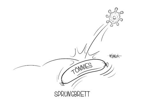 Cartoon: Sprungbrett (medium) by Mirco Tomicek tagged tönnies,corona,testes,covid19,gütersloh,virus,wurst,fleischindustrie,fleisch,sicherheit,toennies,karikatur,mirco,tomicek,cartoon,tönnies,corona,testes,covid19,gütersloh,virus,wurst,fleischindustrie,fleisch,sicherheit,toennies,karikatur,mirco,tomicek,cartoon