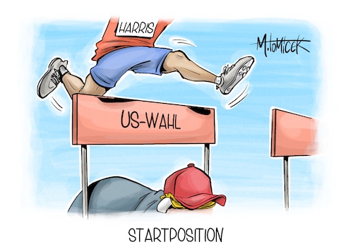 Cartoon: Startposition (medium) by Mirco Tomicek tagged kamala,harris,us,wahl,wahlkampf,wahlen,usa,amerika,präsidentschaftswahl,präsidentschaft,präsidentschaftskandidatur,kandidatur,nominierung,kandidatin,donald,trump,joe,biden,nachfolger,olympia,cartoon,karikatur,pressekarikatur,mirco,tomicek,kamala,harris,us,wahl,wahlkampf,wahlen,usa,amerika,präsidentschaftswahl,präsidentschaft,präsidentschaftskandidatur,kandidatur,nominierung,kandidatin,donald,trump,joe,biden,nachfolger,olympia,cartoon,karikatur,pressekarikatur,mirco,tomicek