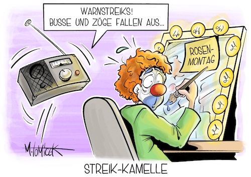 Cartoon: Streik-Kamelle (medium) by Mirco Tomicek tagged warnstreiks,warnstreik,streik,streiks,streiken,öffentlicher,dienst,nahverkehr,zug,bahn,bahnhof,bus,öpnv,lohn,gehalt,tarif,tarifverhandlungen,verhandlung,kamelle,karneval,rosenmontag,helau,clown,cartoon,karikatur,pressekarikatur,mirco,tomicek,warnstreiks,warnstreik,streik,streiks,streiken,öffentlicher,dienst,nahverkehr,zug,bahn,bahnhof,bus,öpnv,lohn,gehalt,tarif,tarifverhandlungen,verhandlung,kamelle,karneval,rosenmontag,helau,clown,cartoon,karikatur,pressekarikatur,mirco,tomicek