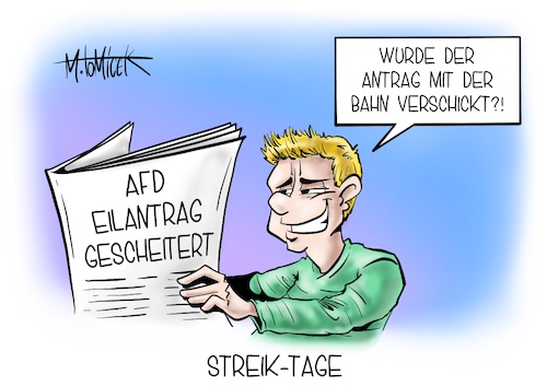 Cartoon: Streik-Tage (medium) by Mirco Tomicek tagged afd,alternative,für,deutschland,gescheitert,scheitert,eilantrag,eil,antrag,bundestagspräsidium,bundesverfassungsgericht,vizepräsidenten,posten,vizepräsident,karlsruhe,abgelehnt,deutsche,bahn,zug,lokführer,lokführerstreik,streik,lok,bahnstreik,fahren,bahnhof,cartoon,karikatur,pressekarikatur,mirco,tomicek,afd,alternative,für,deutschland,gescheitert,scheitert,eilantrag,eil,antrag,bundestagspräsidium,bundesverfassungsgericht,vizepräsidenten,posten,vizepräsident,karlsruhe,abgelehnt,deutsche,bahn,zug,lokführer,lokführerstreik,streik,lok,bahnstreik,fahren,bahnhof,cartoon,karikatur,pressekarikatur,mirco,tomicek