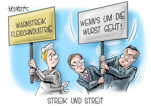 Cartoon: Streik und Streit (medium) by Mirco Tomicek tagged mitarbeiter,fleisch,fleischindustrie,industrie,niedersachsen,bayern,arbeit,arbeiten,streiken,streik,warnstreik,warn,wurst,metzger,politik,politiker,armin,laschet,markus,söder,frage,kanzlerfrage,kanzleramt,kanzlerkandidat,kanzlerkandidatur,kanzlerkandidaten,union,cdu,csu,cartoon,karikatur,pressekarikatur,mirco,tomicek,mitarbeiter,fleisch,fleischindustrie,industrie,niedersachsen,bayern,arbeit,arbeiten,streiken,streik,warnstreik,warn,wurst,metzger,politik,politiker,armin,laschet,markus,söder,frage,kanzlerfrage,kanzleramt,kanzlerkandidat,kanzlerkandidatur,kanzlerkandidaten,union,cdu,csu,cartoon,karikatur,pressekarikatur,mirco,tomicek