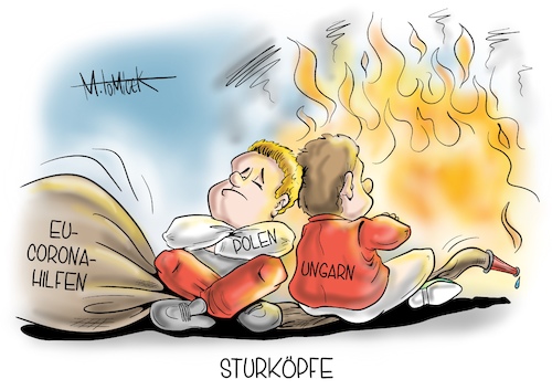 Cartoon: Sturköpfe (medium) by Mirco Tomicek tagged eu,europa,gipfel,corona,hilfe,hilfen,coronahilfen,polen,ungarn,blockade,showdown,angela,merkel,blockieren,deutschland,hilfspaket,paket,spritze,videogipfel,finanzpaket,finanzen,geld,virus,viren,pandemie,lockdown,cartoon,karikatur,pressekarikatur,mirco,tomicek,eu,europa,gipfel,corona,hilfe,hilfen,coronahilfen,polen,ungarn,blockade,showdown,angela,merkel,blockieren,deutschland,hilfspaket,paket,spritze,videogipfel,finanzpaket,finanzen,geld,virus,viren,pandemie,lockdown,cartoon,karikatur,pressekarikatur,mirco,tomicek