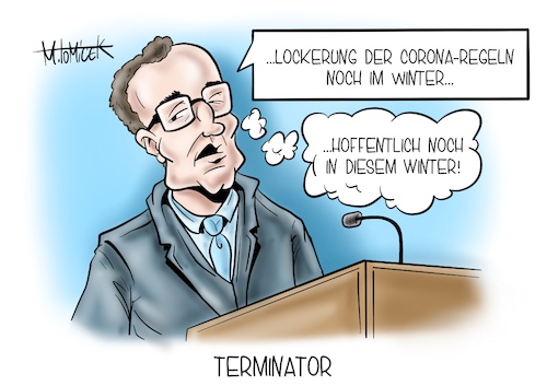 Cartoon: Terminator (medium) by Mirco Tomicek tagged jens,spahn,lockerung,lockerungen,corona,regeln,covid19,maßnahmen,lockdown,shutdown,winter,maßnahme,regelungen,lock,deutschland,gesundheitsminister,bundesgesundheitsminister,cartoon,karikatur,pressekarikatur,mirco,tomicek,jens,spahn,lockerung,lockerungen,corona,regeln,covid19,maßnahmen,lockdown,shutdown,winter,maßnahme,regelungen,lock,deutschland,gesundheitsminister,bundesgesundheitsminister,cartoon,karikatur,pressekarikatur,mirco,tomicek