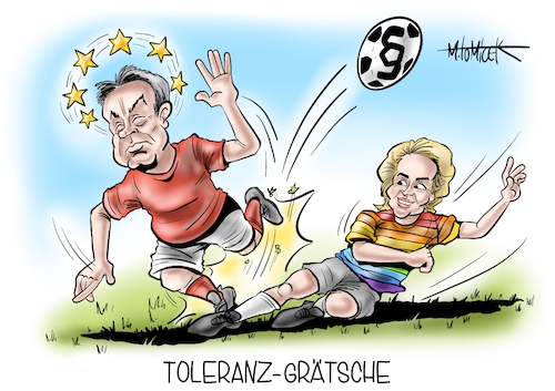 Cartoon: Toleranz-Grätsche (medium) by Mirco Tomicek tagged ursula,von,der,leyen,gegen,ungarisches,gesetz,sexualität,ungarn,gesetze,viktor,orban,rechte,homosexuellen,homosexualität,fußball,fußballspiel,deutschland,nationalmannschaft,em,europameisterschaft,farben,regenbogen,regenbogenfarben,flaggen,allianz,arena,beleuchtung,cartoon,karikatur,pressekarikatur,mirco,tomicek,ursula,von,der,leyen,gegen,ungarisches,gesetz,sexualität,ungarn,gesetze,viktor,orban,rechte,homosexuellen,homosexualität,fußball,fußballspiel,deutschland,nationalmannschaft,em,europameisterschaft,farben,regenbogen,regenbogenfarben,flaggen,allianz,arena,beleuchtung,cartoon,karikatur,pressekarikatur,mirco,tomicek