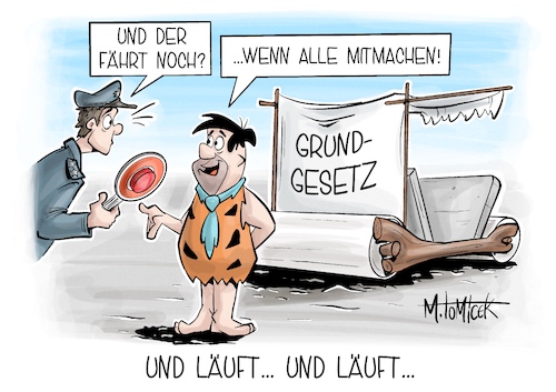 Cartoon: und läuft... und läuft... (medium) by Mirco Tomicek tagged 75,jahre,grundgesetz,gesetz,deutschland,jubiläum,geburtstag,politik,flintstones,fred,feuerstein,karikatur,cartoon,pressekarikatur,mirco,tomicek,und,läuft,75,jahre,grundgesetz,gesetz,deutschland,jubiläum,geburtstag,politik,flintstones,fred,feuerstein,karikatur,cartoon,pressekarikatur,mirco,tomicek