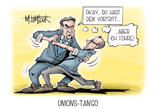 Cartoon: Unions-Tango (medium) by Mirco Tomicek tagged union,cdu,csu,frage,kanzlerfrage,kanzler,kanzlerkandidat,kanzlerkandidatur,kandidatur,kanzleramt,wahl,wahlen,friedrich,merz,markus,söder,vortritt,tango,karikatur,pressekarikatur,cartoon,mirco,tomicek,union,cdu,csu,frage,kanzlerfrage,kanzler,kanzlerkandidat,kanzlerkandidatur,kandidatur,kanzleramt,wahl,wahlen,friedrich,merz,markus,söder,vortritt,tango,karikatur,pressekarikatur,cartoon,mirco,tomicek