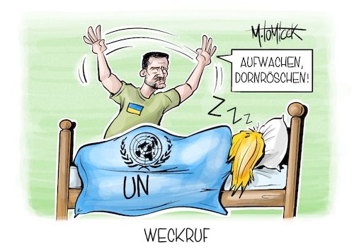 Cartoon: Weckruf (medium) by Mirco Tomicek tagged un,generaldebatte,new,york,vollversammlung,ukraine,krieg,russland,selenskyj,cartoon,karikatur,pressekarikatur,mirco,tomicek,un,generaldebatte,new,york,vollversammlung,ukraine,krieg,russland,selenskyj,cartoon,karikatur,pressekarikatur,mirco,tomicek