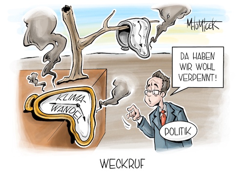 Cartoon: Weckruf (medium) by Mirco Tomicek tagged klima,klimaschutz,klimabericht,bericht,klimawandel,eu,europa,klimakrise,hitze,unwetter,hitzewelle,dürre,dali,karikatur,pressekarikatur,cartoon,mirco,tomicek,klima,klimaschutz,klimabericht,bericht,klimawandel,eu,europa,klimakrise,hitze,unwetter,hitzewelle,dürre,dali,karikatur,pressekarikatur,cartoon,mirco,tomicek