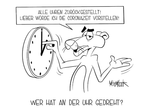 Cartoon: Wer hat an der Uhr gedreht? (medium) by Mirco Tomicek tagged winterzeit,zeit,zeitumstellung,umstellung,umstellen,sommerzeit,uhr,uhrzeit,corona,covid19,coronazeit,vorstellen,verstellen,drehen,zeiten,pink,panther,cartoon,karikatur,pressekarikatur,mirco,tomicek,winterzeit,zeit,zeitumstellung,umstellung,umstellen,sommerzeit,uhr,uhrzeit,corona,covid19,coronazeit,vorstellen,verstellen,drehen,zeiten,pink,panther,cartoon,karikatur,pressekarikatur,mirco,tomicek