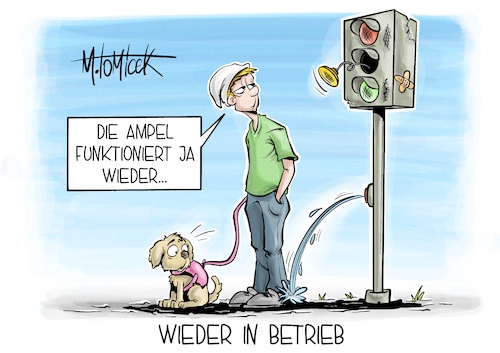 Cartoon: Wieder in Betrieb (medium) by Mirco Tomicek tagged ampel,ampelkoalition,koalition,fdp,spd,grüne,streit,streiten,streitthemen,sommerpause,pause,sommer,karikatur,pressekarikatur,cartoon,mirco,tomicek,ampel,ampelkoalition,koalition,fdp,spd,grüne,streit,streiten,streitthemen,sommerpause,pause,sommer,karikatur,pressekarikatur,cartoon,mirco,tomicek