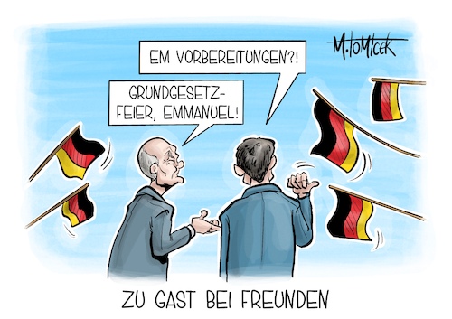 Cartoon: Zu Gast bei Freunden (medium) by Mirco Tomicek tagged emmanuel,macorn,besuch,deutschland,berlin,olaf,scholz,em,europameisterschaft,meisterschaft,fußball,grundgesetz,feier,75,jahre,jubiläum,feiern,fußballmannschaft,karikatur,pressekarikatur,cartoon,mirco,tomicek,emmanuel,macorn,besuch,deutschland,berlin,olaf,scholz,em,europameisterschaft,meisterschaft,fußball,grundgesetz,feier,75,jahre,jubiläum,feiern,fußballmannschaft,karikatur,pressekarikatur,cartoon,mirco,tomicek