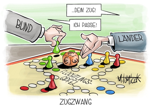 Cartoon: Zugzwang (medium) by Mirco Tomicek tagged bund,länder,flüchtlingsgipfel,flüchtlinge,flucht,gipfel,migration,asyl,asylbewerber,geld,cartoon,karikatur,pressekarikatur,mirco,tomicek,bund,länder,flüchtlingsgipfel,flüchtlinge,flucht,gipfel,migration,asyl,asylbewerber,geld,cartoon,karikatur,pressekarikatur,mirco,tomicek